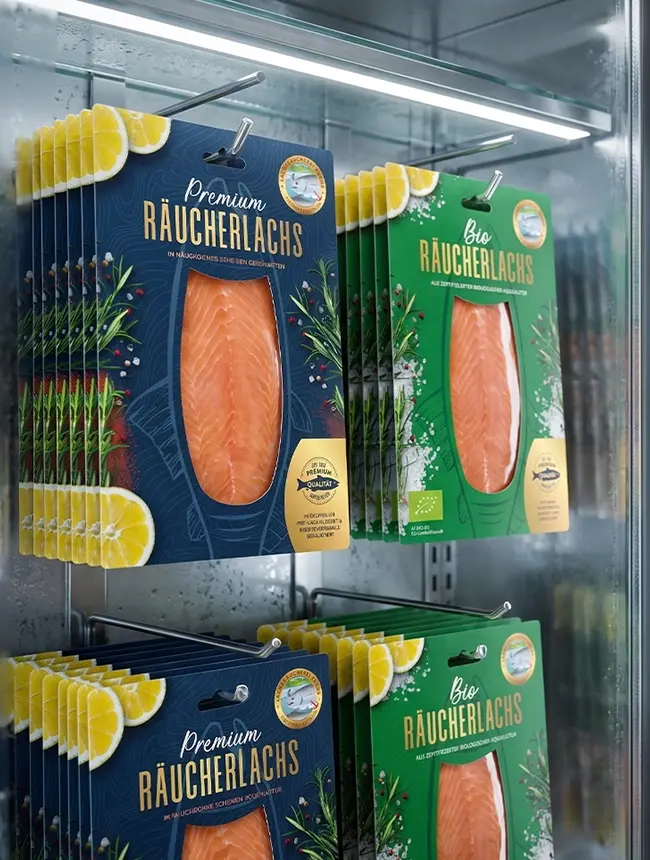Lachsräucherei Fuchs Produkte im Kühlregal