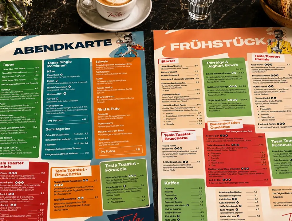 Tesla Coffee Menükarten